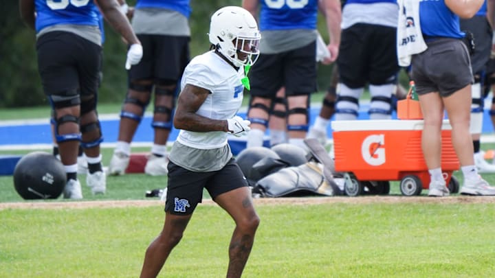 Memphis’ Kobee Minor (7) runs back after a drill during practice at the Billy J. Murphy Athletic Complex at the University of Memphis on Wednesday, July 31, 2024.