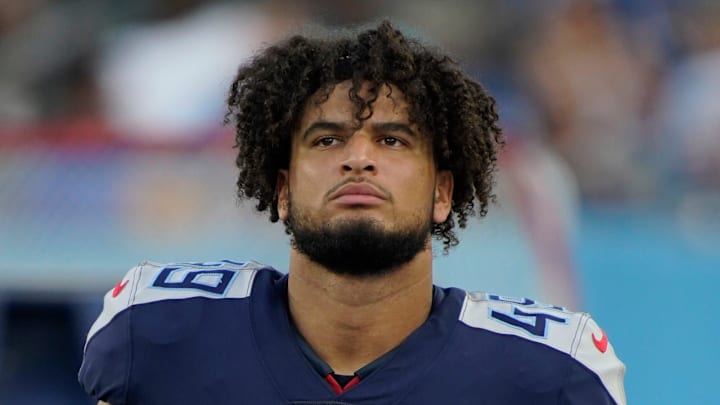 Tennessee Titans tight end Thomas Odukoya (49) stands on the sideline during the second quarter of an NFL preseason game against the Arizona Cardinals at Nissan Stadium Saturday, Aug. 27, 2022, in Nashville, Tenn.

Nas Titans Cardinals 066
