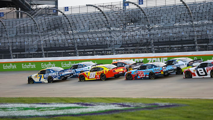 May 31, 2025; Lebanon, Tennessee, USA; NASCAR Xfinity Series driver Justin Allgaier (7) leads a restart during the Tennessee Lottery 250 at Nashville Superspeedway.