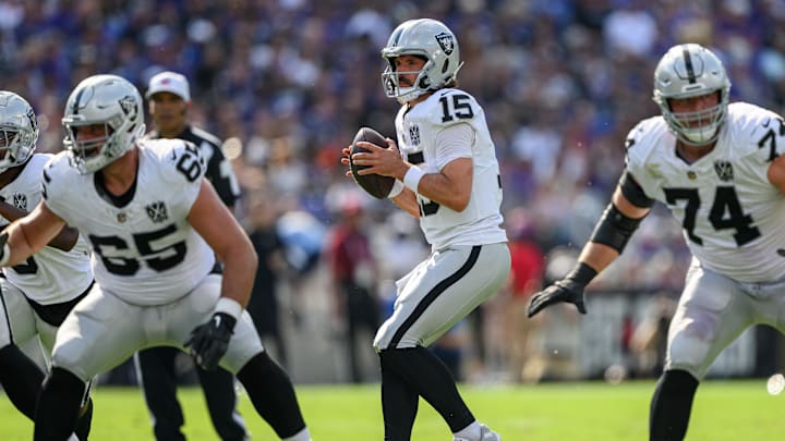 Sep 15, 2024; Baltimore, Maryland, USA; Las Vegas Raiders quarterback Gardner Minshew (15) drops back to pass during the second half against the Baltimore Ravens at M&T Bank Stadium. Mandatory Credit: Reggie Hildred-Imagn Images