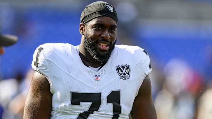 Sep 15, 2024; Baltimore, Maryland, USA; Las Vegas Raiders offensive tackle DJ Glaze (71) walks off of the field following the game against the Baltimore Ravens at M&T Bank Stadium. Mandatory Credit: Reggie Hildred-Imagn Images
