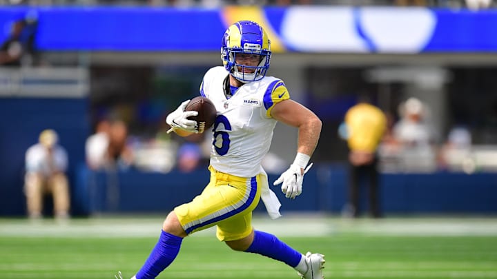 Aug 11, 2024; Inglewood, California, USA; Los Angeles Rams wide receiver Drake Stoops (6) runs the ball against the Dallas Cowboys during the second half at SoFi Stadium. Mandatory Credit: Gary A. Vasquez-Imagn Images Aug 11, 2024; Inglewood, California, USA; Los Angeles Rams wide receiver Drake Stoops (6) runs the ball against the Dallas Cowboys during the second half at SoFi Stadium. Mandatory Credit: Gary A. Vasquez-Imagn Images