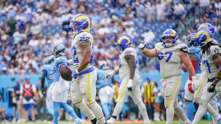 Los Angeles Rams running back Blake Corum (22) celebrates his touchdown against the Tennessee Titans during the fourth quarter at Nissan Stadium in Nashville, Tenn., Sunday, Sept. 14, 2025.