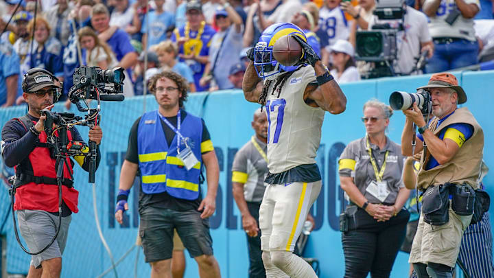 Los Angeles Rams wide receiver Davante Adams (17) celebrates his touchdown against the Tennessee Titans during the fourth quarter at Nissan Stadium in Nashville, Tenn., Sunday, Sept. 14, 2025. Los Angeles Rams wide receiver Davante Adams (17) celebrates his touchdown against the Tennessee Titans during the fourth quarter at Nissan Stadium in Nashville, Tenn., Sunday, Sept. 14, 2025.