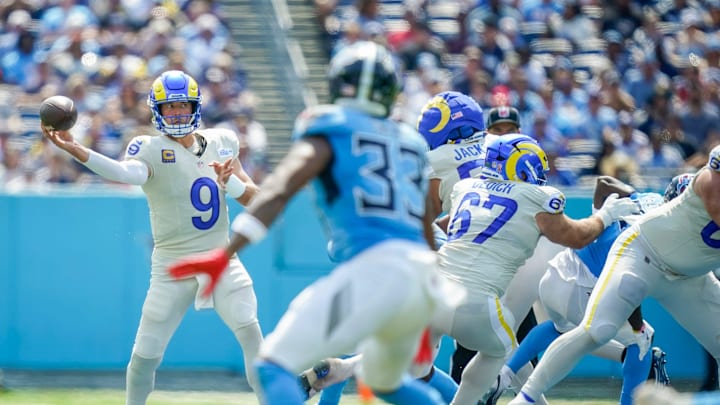 Los Angeles Rams quarterback Matthew Stafford (9) passes during the second quarter against the Tennessee Titans at Nissan Stadium in Nashville, Tenn., Sunday, Sept. 14, 2025.