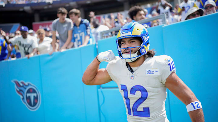 Los Angeles Rams wide receiver Puka Nacua (12) celebrates his touchdown against the Tennessee Titans during the first quarter at Nissan Stadium in Nashville, Tenn., Sunday, Sept. 14, 2025. Los Angeles Rams wide receiver Puka Nacua (12) celebrates his touchdown against the Tennessee Titans during the first quarter at Nissan Stadium in Nashville, Tenn., Sunday, Sept. 14, 2025.