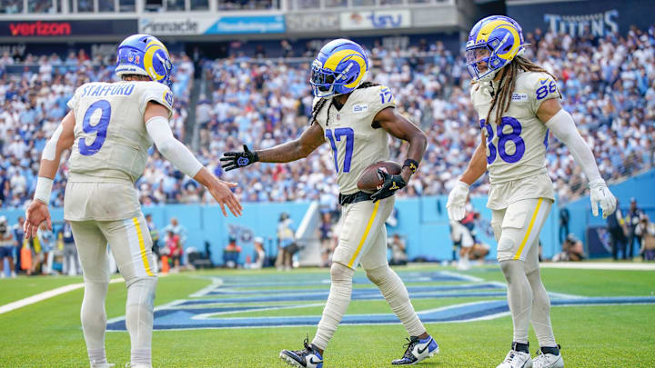 Los Angeles Rams wide receiver Davante Adams (17) celebrates his touchdown against the Tennessee Titans during the fourth quarter at Nissan Stadium in Nashville, Tenn., Sunday, Sept. 14, 2025. Los Angeles Rams wide receiver Davante Adams (17) celebrates his touchdown against the Tennessee Titans during the fourth quarter at Nissan Stadium in Nashville, Tenn., Sunday, Sept. 14, 2025.
