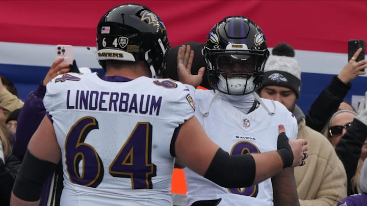 East Rutherford, NJ -- December 15, 2024 -- Tyler Linderbaum and Lamar Jackson of the Ravens during pre game warm ups as the Baltimore Ravens came to MetLife Stadium to play the New York Giants.
