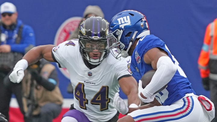 Marlon Humphrey of the Baltimore Ravens lines up Darius Slayton of the New York Giants in the first half.