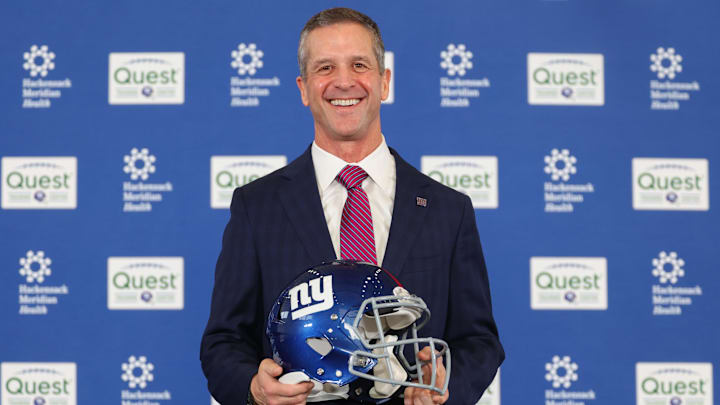 Jan 20, 2026; East Rutherford, NJ, USA; John Harbaugh poses after the press conference announcing his hiring as the next New York Giants head coach at Quest Diagnostics Training Center. Mandatory Credit: Ed Mulholland-Imagn Images