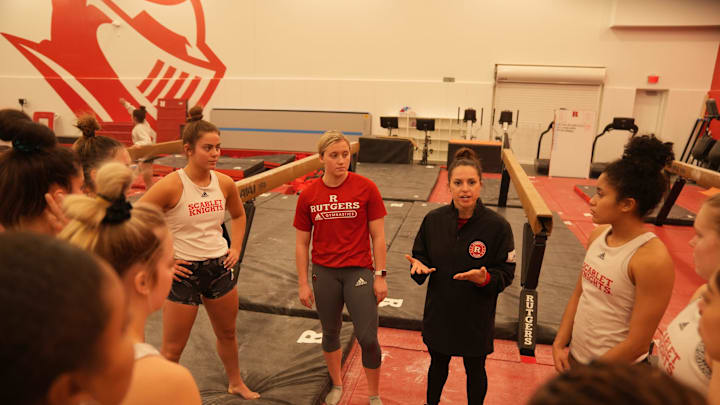 Rutgers gymnast Danielle DeMarco talks to the team. Rutgers gymnast Danielle DeMarco talks to the team.