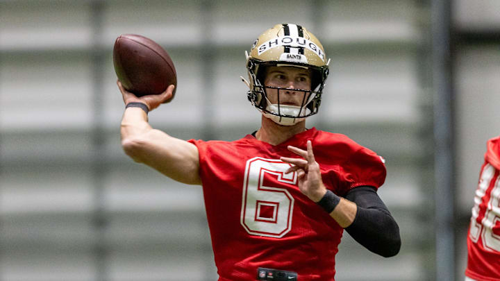 May 10, 2025; New Orleans, LA, USA; New Orleans Saints quarterback Tyler Shough (6) during rookie minicamp at Ochsner Sports Performance Center. Mandatory Credit: Stephen Lew-Imagn Images May 10, 2025; New Orleans, LA, USA; New Orleans Saints quarterback Tyler Shough (6) during rookie minicamp at Ochsner Sports Performance Center. Mandatory Credit: Stephen Lew-Imagn Images