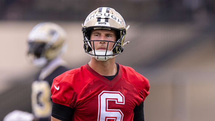 Jun 10, 2025; New Orleans, LA, USA;  New Orleans Saints quarterback Tyler Shough (6) looks on during minicamp at Ochsner Sports Performance Center. Mandatory Credit: Stephen Lew-Imagn Images