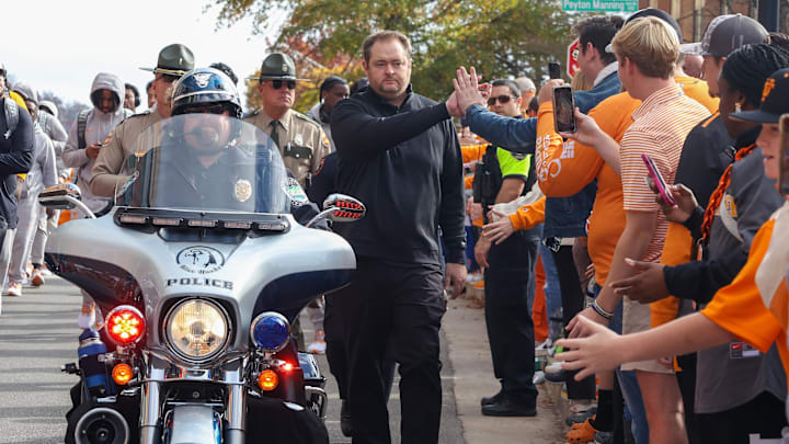 Nov 18, 2023; Knoxville, Tennessee, USA; Tennessee Volunteers head coach Josh Heupel leads the Vol