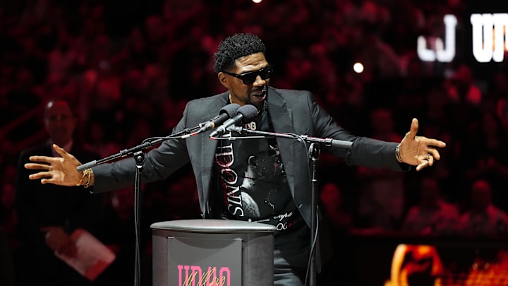 Jan 19, 2024; Miami, Florida, USA; Udonis Haslem speaks after his jersey was lifted to the rafters - Jasen Vinlove/USA TODAY Sports Jan 19, 2024; Miami, Florida, USA; Udonis Haslem speaks after his jersey was lifted to the rafters - Jasen Vinlove/USA TODAY Sports