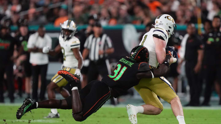 Oct 7, 2023; Miami Gardens, Florida, USA; Miami Hurricanes linebacker Wesley Bissainthe (31) brings