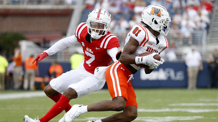 Sep 2, 2023; Oxford, Mississippi, USA; Mercer Bears wide receiver Scooter Risper (81) runs after a Sep 2, 2023; Oxford, Mississippi, USA; Mercer Bears wide receiver Scooter Risper (81) runs after a