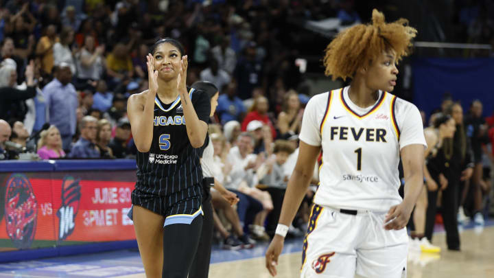 Jun 23, 2024; Chicago, Illinois, USA; Chicago Sky forward Angel Reese (5) reacts during the second half of a basketball game against the Indiana Fever at Wintrust Arena. Mandatory Credit: Kamil Krzaczynski-USA TODAY Sports