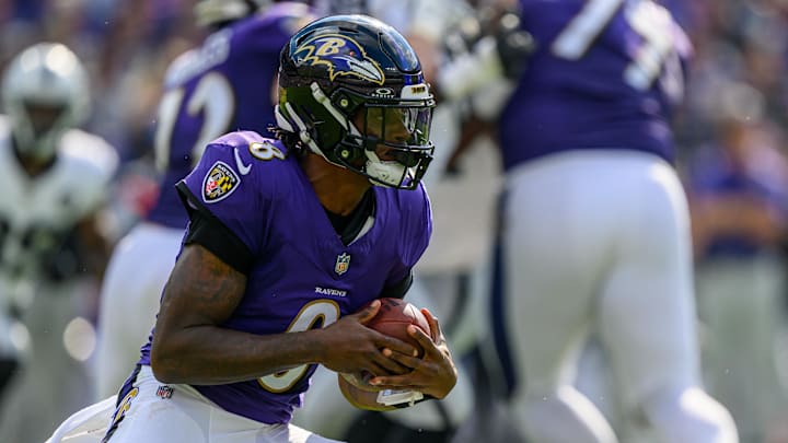 Sep 15, 2024; Baltimore, Maryland, USA; Baltimore Ravens quarterback Lamar Jackson (8) runs the ball during the second half against the Las Vegas Raiders at M&T Bank Stadium. Mandatory Credit: Reggie Hildred-Imagn Images