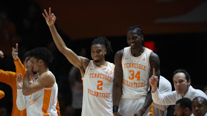 Jan 15, 2025; Knoxville, Tennessee, USA; Tennessee Volunteers guard Chaz Lanier (2) and forward Felix Okpara (34) celebrate after a play against the Georgia Bulldogs during the second half at Thompson-Boling Arena at Food City Center. Mandatory Credit: Randy Sartin-Imagn Images