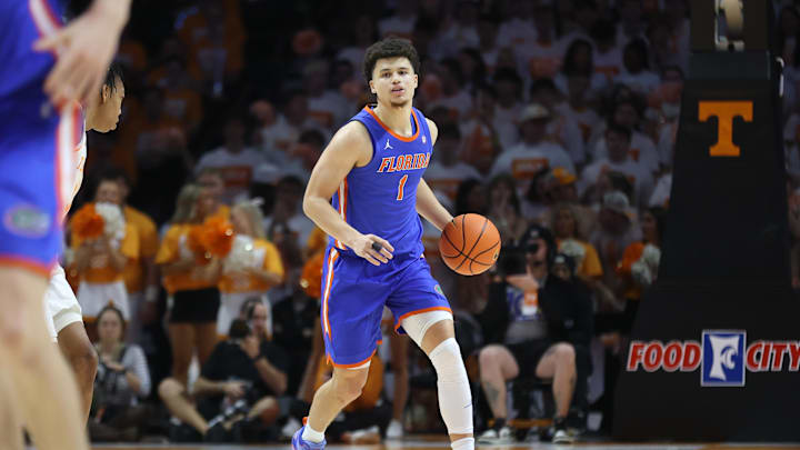 Feb 1, 2025; Knoxville, Tennessee, USA; Florida Gators guard Walter Clayton Jr. (1) brings the ball up court against the Tennessee Volunteers during the second half at Thompson-Boling Arena at Food City Center. Mandatory Credit: Randy Sartin-Imagn Images