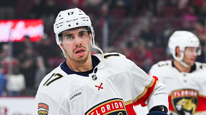 Evan Rodrigues looks on before a game against the Canadiens.