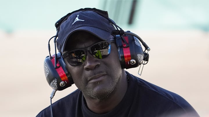 Michael Jordan watches a NASCAR race in 2024.