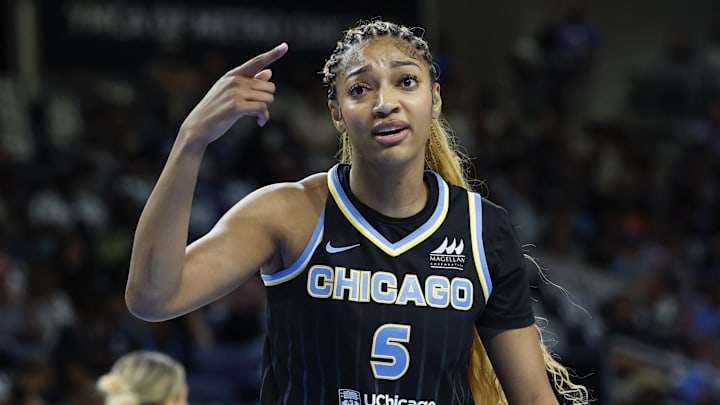 Chicago Sky forward Angel Reese (5) reacts during the first half of a WNBA game against the Dallas Wings at Wintrust Arena.
