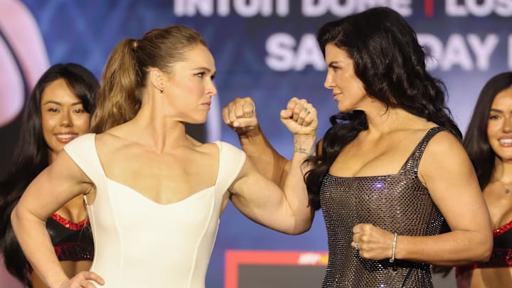 Ronda Rousey and Gina Carano face off at a press conference. They will headline Netflix’s first MMA card. Ronda Rousey and Gina Carano face off at a press conference. They will headline Netflix’s first MMA card.