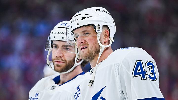 Apr 26, 2026; Montreal, Quebec, CAN; Tampa Bay Lightning defenseman Darren Raddysh (43) looks on beside center Brayden Point (21) during warm-up before the game against the Montreal Canadiens in game four of the first round of the 2026 Stanley Cup Playoffs at Bell Centre. Mandatory Credit: David Kirouac-Imagn Images Apr 26, 2026; Montreal, Quebec, CAN; Tampa Bay Lightning defenseman Darren Raddysh (43) looks on beside center Brayden Point (21) during warm-up before the game against the Montreal Canadiens in game four of the first round of the 2026 Stanley Cup Playoffs at Bell Centre. Mandatory Credit: David Kirouac-Imagn Images