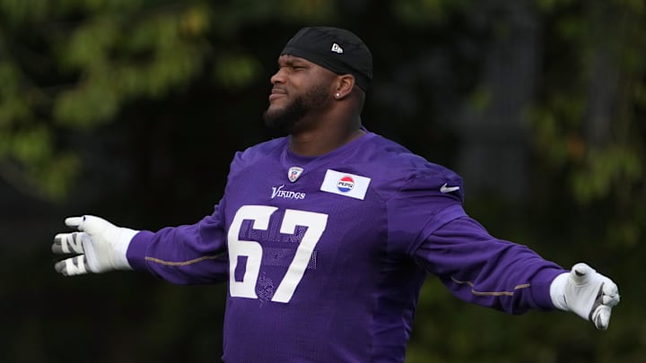 Oct 4, 2024; Watford, United Kingdom; Minnesota Vikings guard Ed Ingram (67) during practice at The Grove. Mandatory Credit: Kirby Lee-Imagn Images Oct 4, 2024; Watford, United Kingdom; Minnesota Vikings guard Ed Ingram (67) during practice at The Grove. Mandatory Credit: Kirby Lee-Imagn Images