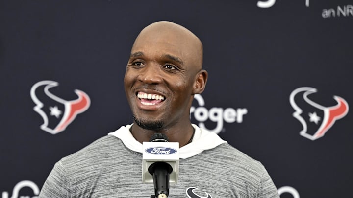 Jun 10, 2025; Houston, TX, USA; Houston Texans head coach DeMeco Ryans speaks during a press conference after an NFL football minicamp at NRG Stadium. Mandatory Credit: Maria Lysaker-Imagn Images 