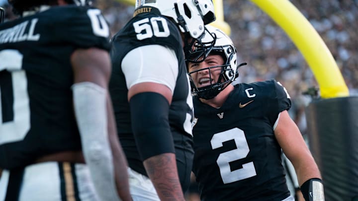 Vanderbilt's quarterback Diego Pavia (2) celebrates his go-ahead touchdown against Missouri during their game at FirstBank Stadium in Nashville, Tenn., Saturday, Oct. 25, 2025.