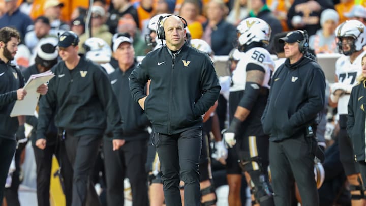 Nov 29, 2025; Knoxville, Tennessee, USA;  Vanderbilt Commodores head coach Clark Lea during the first half against the Tennessee Volunteers at Neyland Stadium. Mandatory Credit: Randy Sartin-Imagn Images