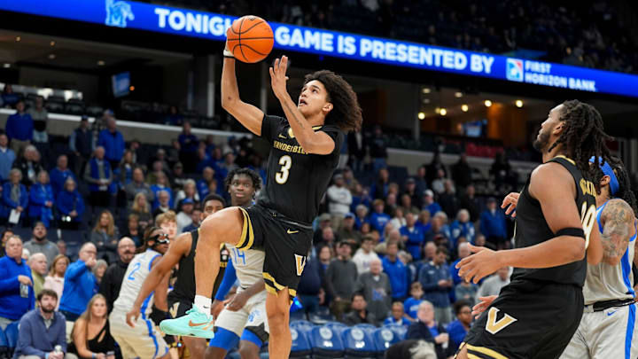 Vanderbilt's Tyler Tanner (3) goes for a layup during the game between Memphis and Vanderbilt at FedExForum in Memphis, Tenn., on December 17, 2025.
