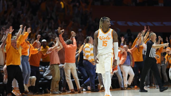 Mar 1, 2025; Knoxville, Tennessee, USA; Tennessee Volunteers guard Jahmai Mashack (15) reacts shooting a game winning three pointer as time expires against the Alabama Crimson Tide at Thompson-Boling Arena at Food City Center. Mandatory Credit: Randy Sartin-Imagn Images Mar 1, 2025; Knoxville, Tennessee, USA; Tennessee Volunteers guard Jahmai Mashack (15) reacts shooting a game winning three pointer as time expires against the Alabama Crimson Tide at Thompson-Boling Arena at Food City Center. Mandatory Credit: Randy Sartin-Imagn Images