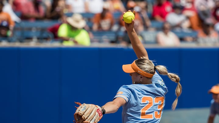 Jun 2, 2025; Oklahoma City, OK, USA;  Tennessee Lady Volunteers pitcher Karlyn Pickens (23) throws a pitch in the second inning against the Texas Longhorns during the NCAA Softball Women's College World Series semifinal game at Devon Park. Mandatory Credit: Brett Rojo-Imagn Images