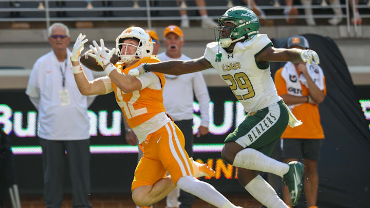 Sep 20, 2025; Knoxville, Tennessee, USA; Tennessee Volunteers wide receiver Braylon Harmon (42) catches a pass against UAB Blazers cornerback T'sai McDaniel (29) during the second half at Neyland Stadium. Mandatory Credit: Randy Sartin-Imagn Images