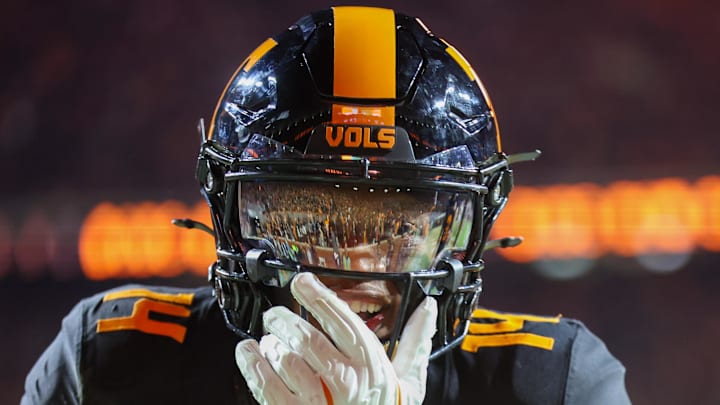 Nov 1, 2025; Knoxville, Tennessee, USA; Tennessee Volunteers wide receiver Braylon Staley (14) reacts after scoring a touchdown against the Oklahoma Sooners during the second half at Neyland Stadium. Mandatory Credit: Randy Sartin-Imagn Images