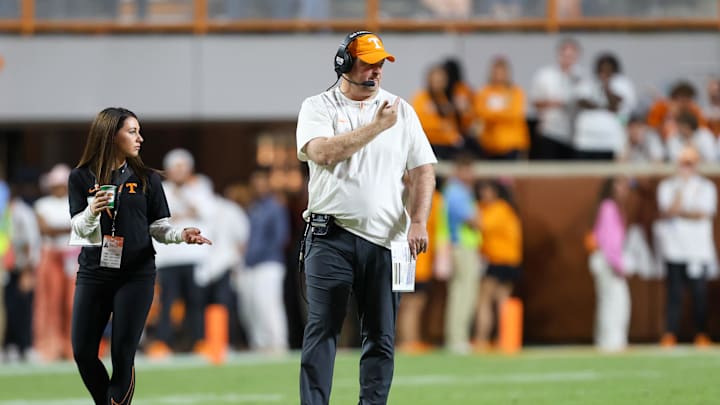 Oct 11, 2025; Knoxville, Tennessee, USA; Tennessee Volunteers head coach Josh Heupel during the second half against the Arkansas Razorbacks at Neyland Stadium. Mandatory Credit: Randy Sartin-Imagn Images Oct 11, 2025; Knoxville, Tennessee, USA; Tennessee Volunteers head coach Josh Heupel during the second half against the Arkansas Razorbacks at Neyland Stadium. Mandatory Credit: Randy Sartin-Imagn Images