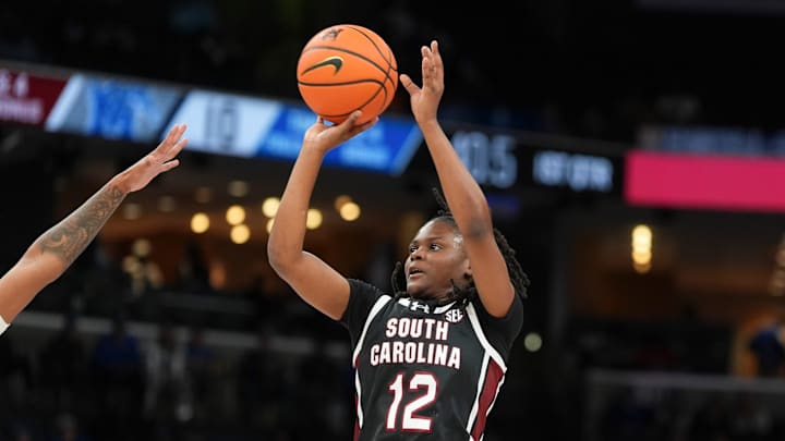 South Carolina's MiLaysia Fulwiley (12) shoots the ball during the game between South Carolina and Memphis in the Hoops for St. Jude Tip Off Classic at FedExForum on Tuesday, October 15, 2024. South Carolina's MiLaysia Fulwiley (12) shoots the ball during the game between South Carolina and Memphis in the Hoops for St. Jude Tip Off Classic at FedExForum on Tuesday, October 15, 2024.