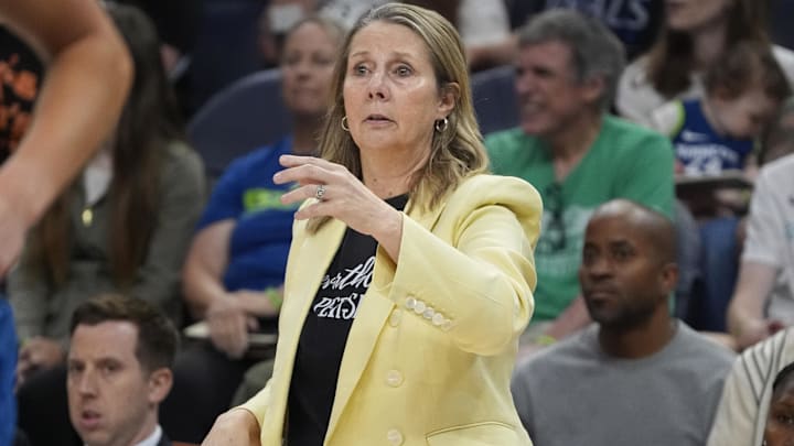 Jul 27, 2025; Minneapolis, Minnesota, USA; Minnesota Lynx head coach Cheryl Reeve directs her team as they play the Atlanta Dream in the third quarter at Target Center. Mandatory Credit: Bruce Kluckhohn-Imagn Images