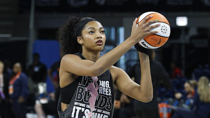 Sep 3, 2025; Chicago, Illinois, USA; Chicago Sky forward Angel Reese (5) warms up before a WNBA game against the Connecticut Sun at Wintrust Arena. Mandatory Credit: Kamil Krzaczynski-Imagn Images