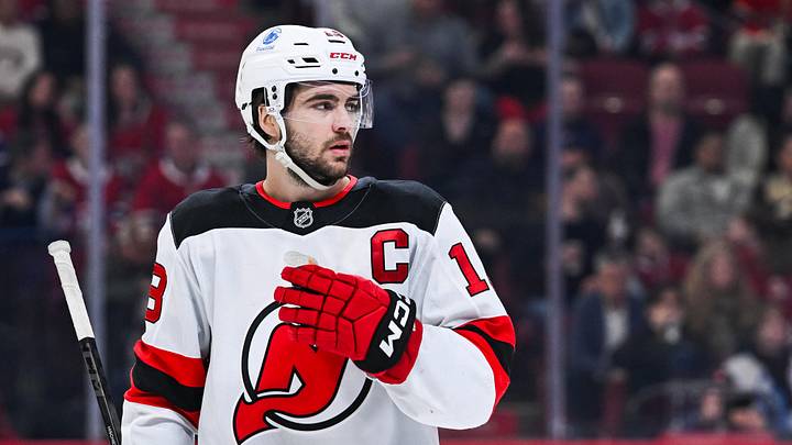 Apr 5, 2026; Montreal, Quebec, CAN; New Jersey Devils center Nico Hischier (13) looks on against the Montreal Canadiens during the third period at Bell Centre. Mandatory Credit: David Kirouac-Imagn Images Apr 5, 2026; Montreal, Quebec, CAN; New Jersey Devils center Nico Hischier (13) looks on against the Montreal Canadiens during the third period at Bell Centre. Mandatory Credit: David Kirouac-Imagn Images