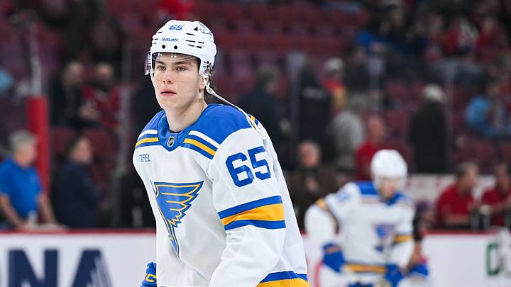 Dec 7, 2025; Montreal, Quebec, CAN; St. Louis Blues center Aleksanteri Kaskimaki (65) looks on during warm-up before the game against the Montreal Canadiens at Bell Centre. Mandatory Credit: David Kirouac-Imagn Images Dec 7, 2025; Montreal, Quebec, CAN; St. Louis Blues center Aleksanteri Kaskimaki (65) looks on during warm-up before the game against the Montreal Canadiens at Bell Centre. Mandatory Credit: David Kirouac-Imagn Images