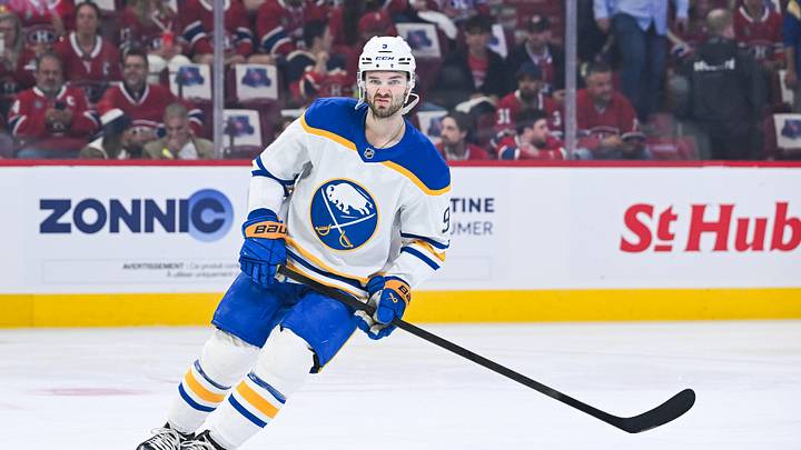 May 16, 2026; Montreal, Quebec, CAN; Buffalo Sabres center Josh Norris (9) skates during warm-up before the game against the Montreal Canadiens in game six of the second round of the 2026 Stanley Cup Playoffs at Bell Centre. Mandatory Credit: David Kirouac-Imagn Images