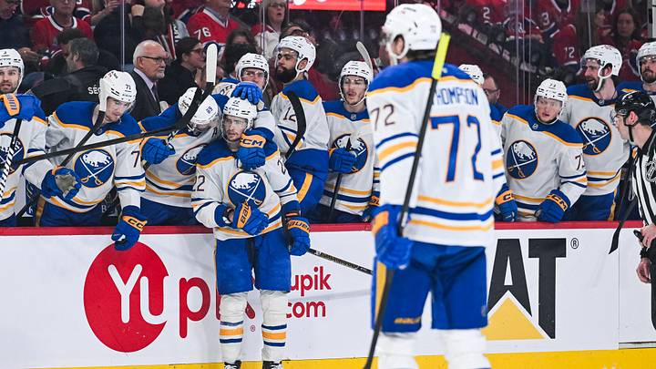 May 16, 2026; Montreal, Quebec, CAN; Buffalo Sabres right wing Jack Quinn (22) celebrates with his teammates at the bench his goal against the Montreal Canadiens during the second period in game six of the second round of the 2026 Stanley Cup Playoffs at Bell Centre. Mandatory Credit: David Kirouac-Imagn Images May 16, 2026; Montreal, Quebec, CAN; Buffalo Sabres right wing Jack Quinn (22) celebrates with his teammates at the bench his goal against the Montreal Canadiens during the second period in game six of the second round of the 2026 Stanley Cup Playoffs at Bell Centre. Mandatory Credit: David Kirouac-Imagn Images