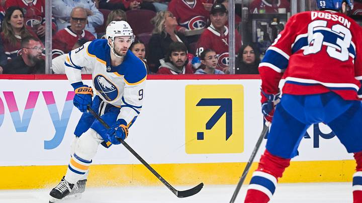 May 16, 2026; Montreal, Quebec, CAN; Buffalo Sabres center Josh Norris (9) plays the puck against Montreal Canadiens defenseman Noah Dobson (53) during the second period in game six of the second round of the 2026 Stanley Cup Playoffs at Bell Centre. Mandatory Credit: David Kirouac-Imagn Images May 16, 2026; Montreal, Quebec, CAN; Buffalo Sabres center Josh Norris (9) plays the puck against Montreal Canadiens defenseman Noah Dobson (53) during the second period in game six of the second round of the 2026 Stanley Cup Playoffs at Bell Centre. Mandatory Credit: David Kirouac-Imagn Images