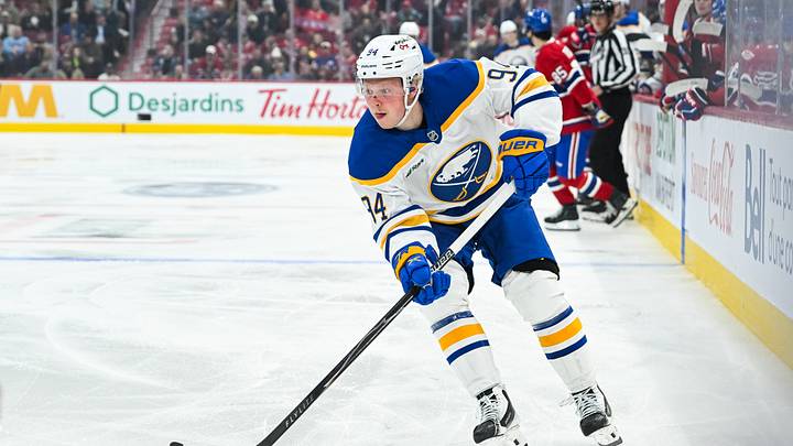 Oct 13, 2026; Montreal, Quebec, CAN; Buffalo Sabres center Konsta Helenius (94) plays the puck against the Montreal Canadiens during the third period at Bell Centre. Mandatory Credit: David Kirouac-Imagn Images Oct 13, 2026; Montreal, Quebec, CAN; Buffalo Sabres center Konsta Helenius (94) plays the puck against the Montreal Canadiens during the third period at Bell Centre. Mandatory Credit: David Kirouac-Imagn Images
