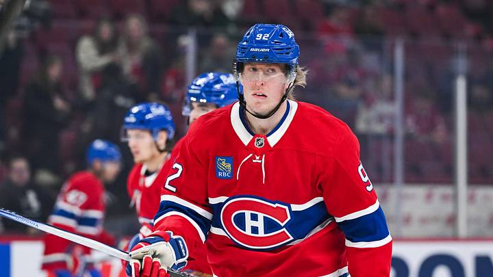 Oct 16, 2025; Montreal, Quebec, CAN; Montreal Canadiens right wing Patrik Laine (92) looks on during warm-up before the game against the Nashville Predators at Bell Centre. Mandatory Credit: David Kirouac-Imagn Images